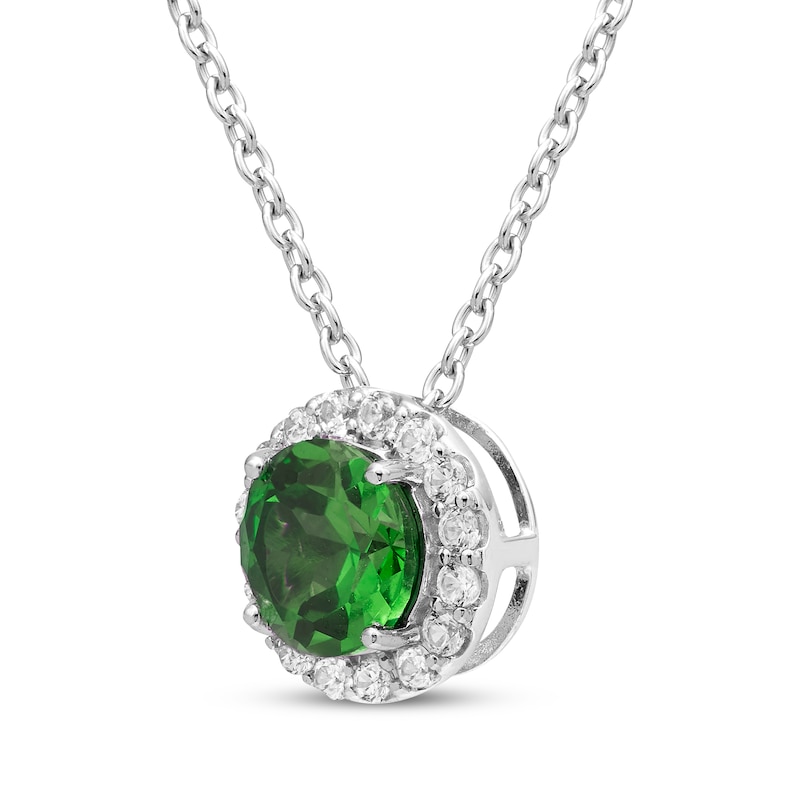 Main Image 2 of Lab-Created Emerald & White Lab-Created Sapphire Halo Necklace Sterling Silver 18&quot;