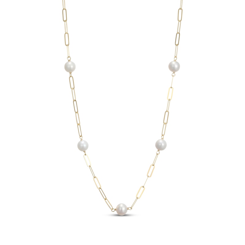 Main Image 1 of Cultured Pearl Station Paperclip Necklace 18K Yellow Gold-Plated Sterling Silver 17&quot;