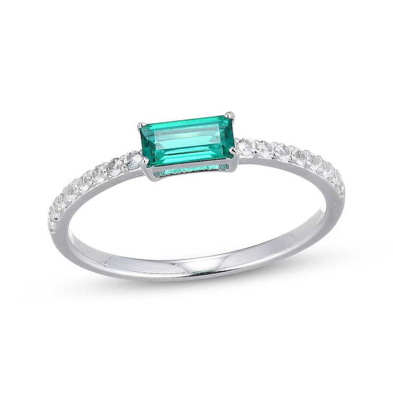 Main Image 1 of Baguette-Cut Lab-Created Emerald & White Lab-Created Sapphire Ring Sterling Silver