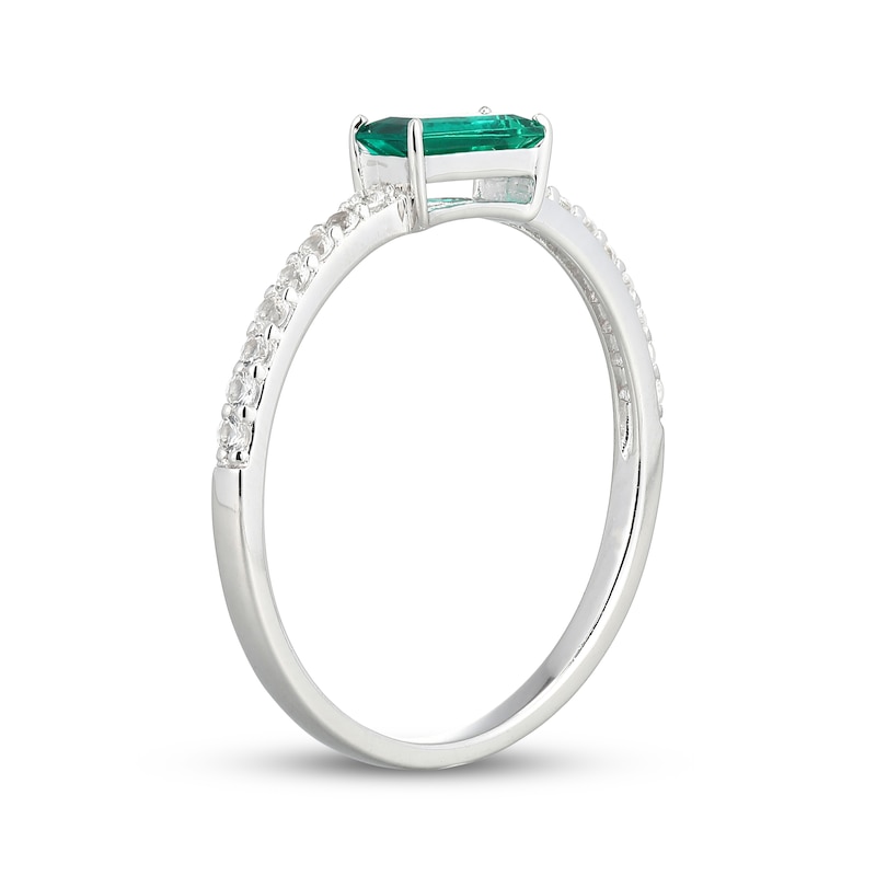 Main Image 2 of Baguette-Cut Lab-Created Emerald & White Lab-Created Sapphire Ring Sterling Silver