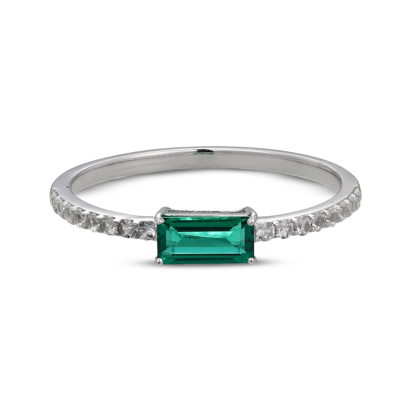 Main Image 3 of Baguette-Cut Lab-Created Emerald & White Lab-Created Sapphire Ring Sterling Silver