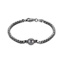 Men's Tahitian Cultured Pearl Box Chain Bracelet Black Rhodium-Plated Sterling Silver 8.5&quot;