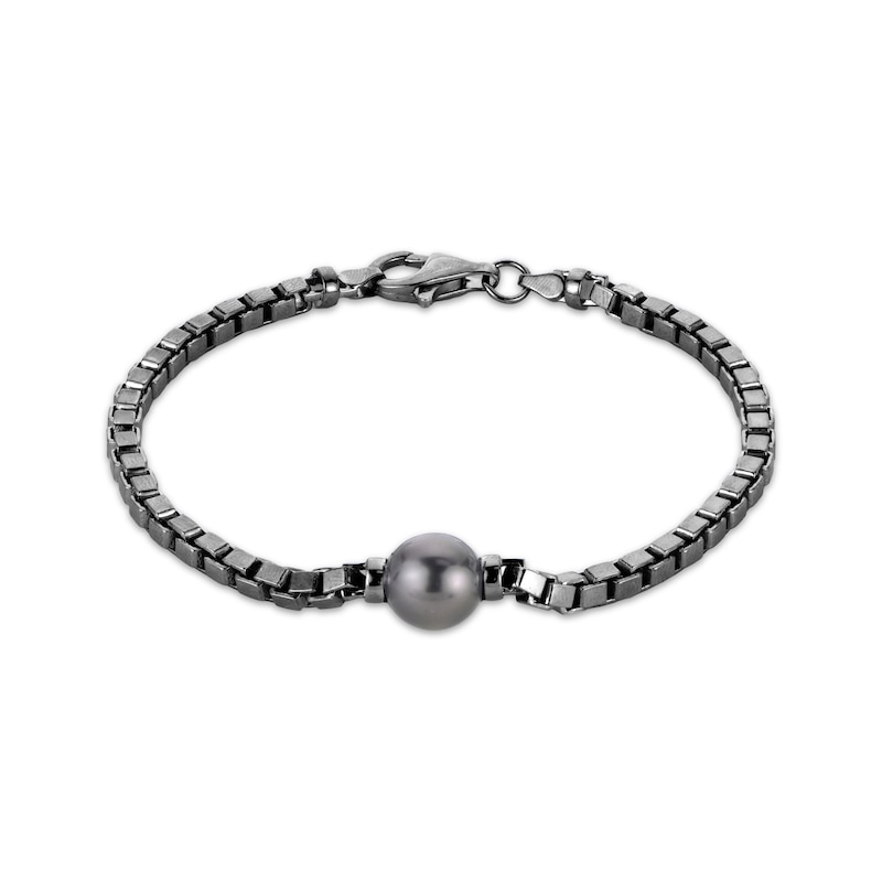 Main Image 1 of Men's Tahitian Cultured Pearl Box Chain Bracelet Black Rhodium-Plated Sterling Silver 8.5&quot;