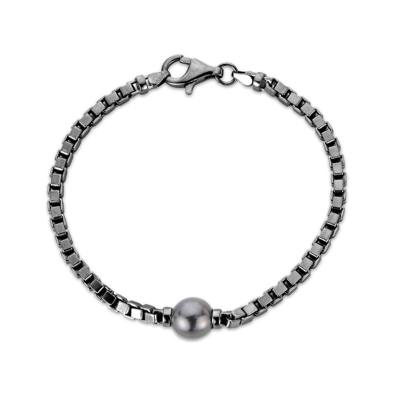 Main Image 2 of Men's Tahitian Cultured Pearl Box Chain Bracelet Black Rhodium-Plated Sterling Silver 8.5&quot;