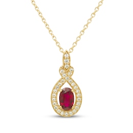 Oval-Cut Lab-Created Ruby & White Lab-Created Sapphire Drop Necklace 10K Yellow Gold 18&quot;