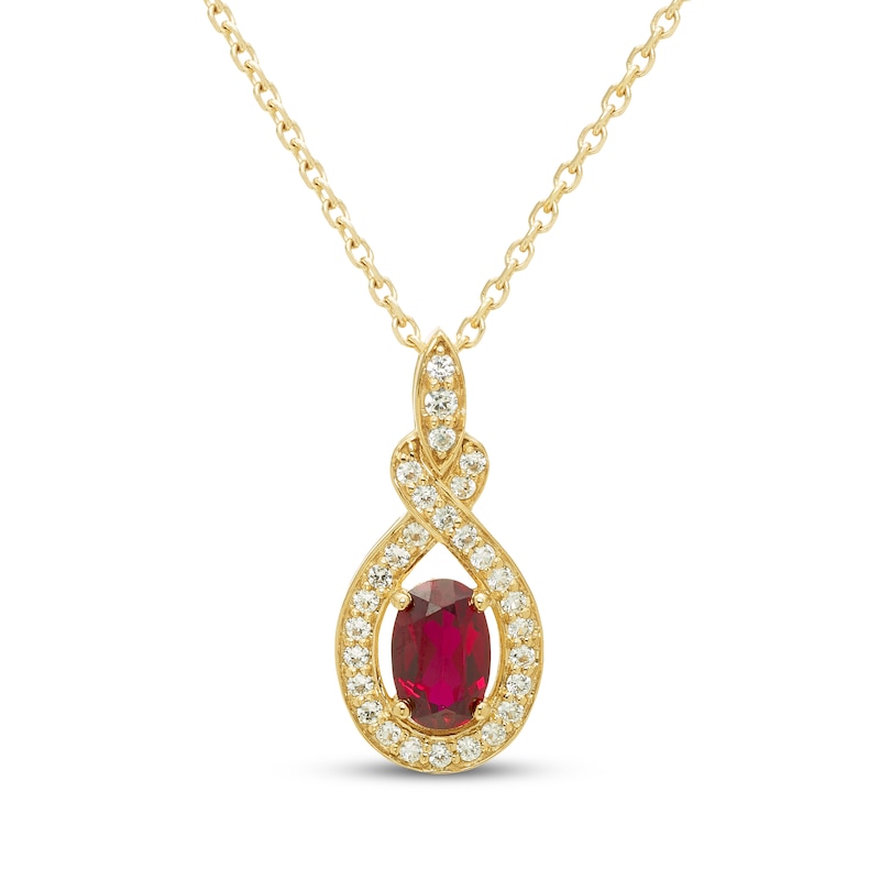 Main Image 1 of Oval-Cut Lab-Created Ruby & White Lab-Created Sapphire Drop Necklace 10K Yellow Gold 18&quot;