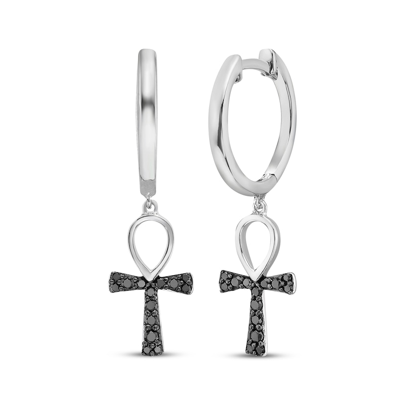 Main Image 1 of Men's Black Diamond Ankh Hoop Dangle Earrings 1/5 ct tw Sterling Silver