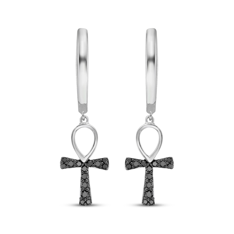 Main Image 2 of Men's Black Diamond Ankh Hoop Dangle Earrings 1/5 ct tw Sterling Silver