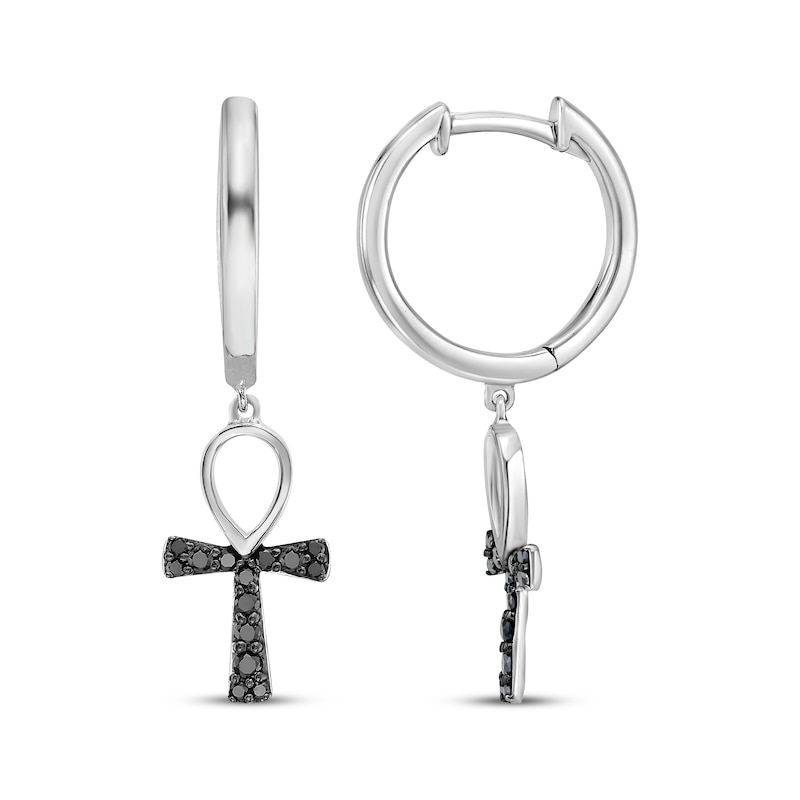 Main Image 3 of Men's Black Diamond Ankh Hoop Dangle Earrings 1/5 ct tw Sterling Silver