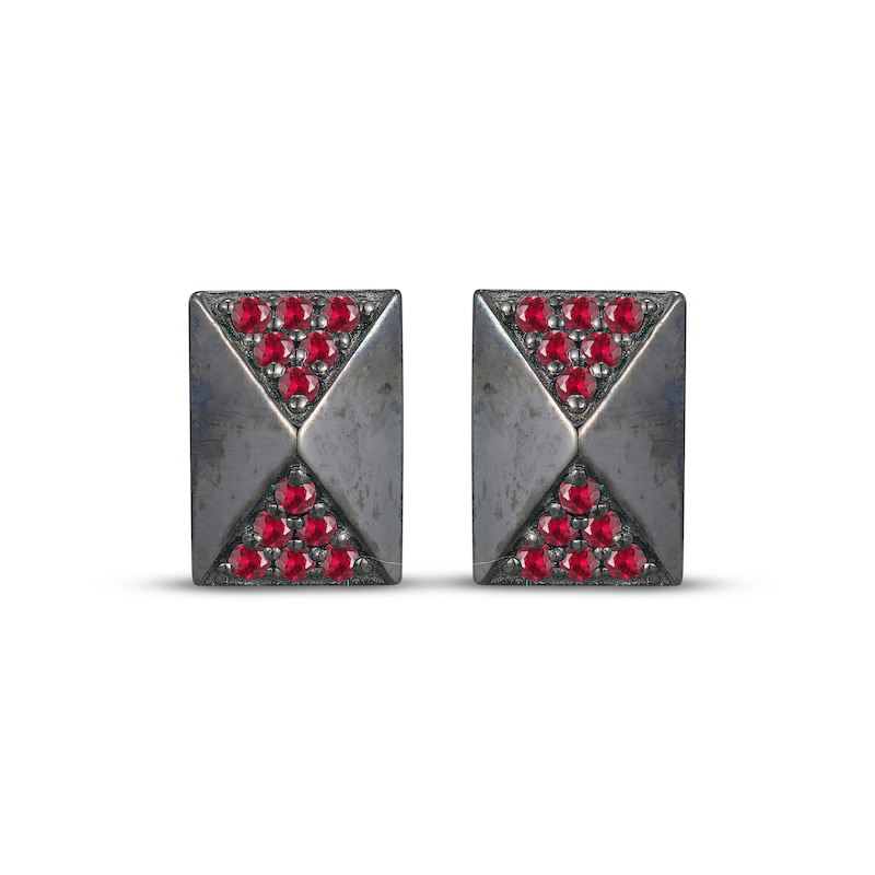 Main Image 2 of Men's Lab-Created Ruby Rectangle Stud Earrings Antique Finished Sterling Silver