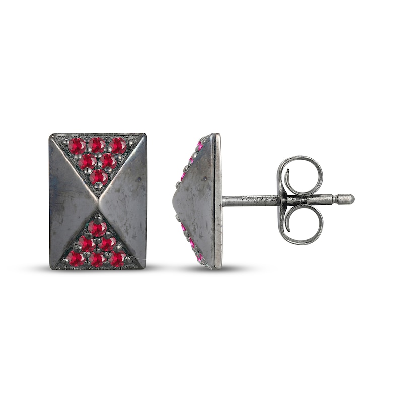 Main Image 3 of Men's Lab-Created Ruby Rectangle Stud Earrings Antique Finished Sterling Silver