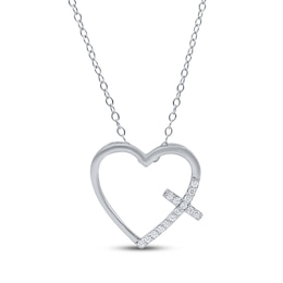 Diamond Heart with Cross Necklace 1/10 ct tw Sterling Silver 18&quot;