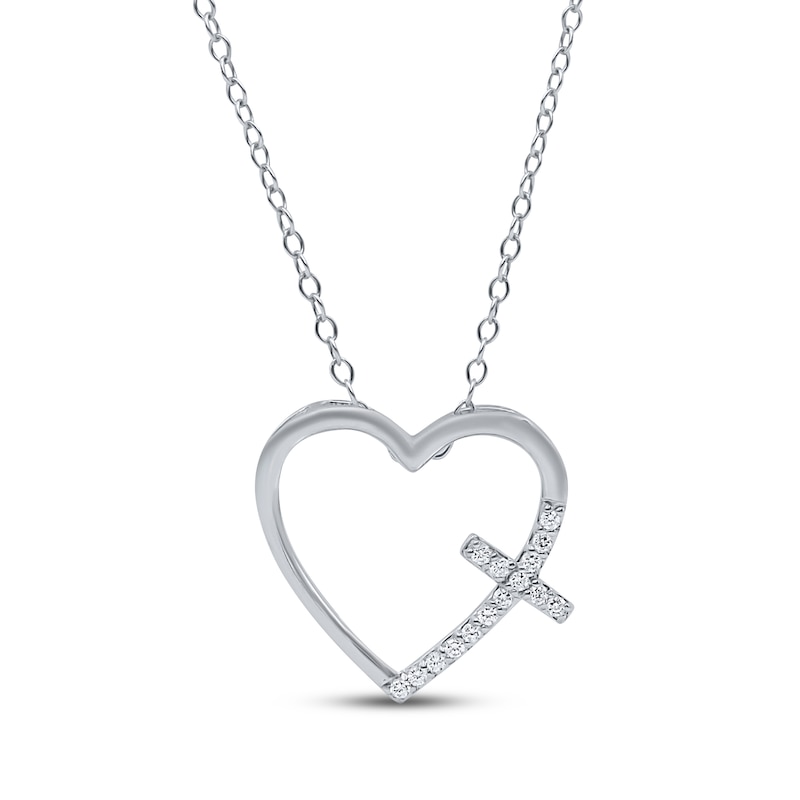 Main Image 1 of Diamond Heart with Cross Necklace 1/10 ct tw Sterling Silver 18&quot;