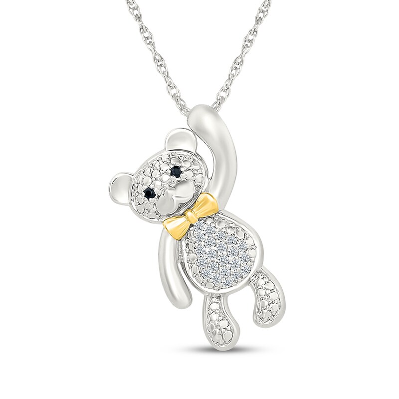 Main Image 1 of White & Black Diamond Teddy Bear Necklace 1/10 ct tw Sterling Silver & 10K Yellow Gold 18"