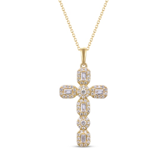 Baguette & Round-Cut Diamond Cross Necklace 3/4 ct tw 14K Yellow Gold 18"