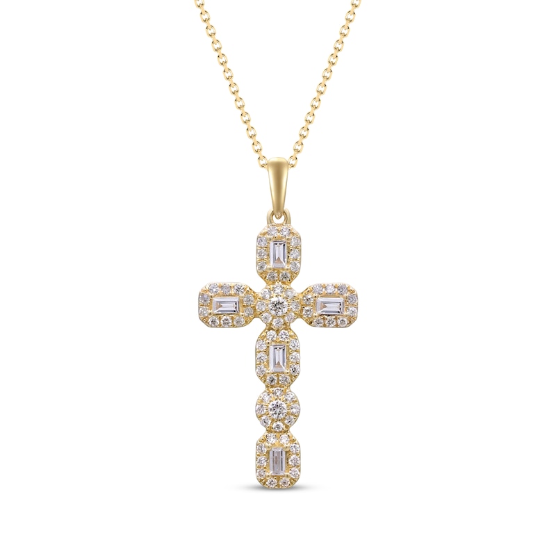 Baguette & Round-Cut Diamond Cross Necklace 3/4 ct tw 14K Yellow Gold 18"