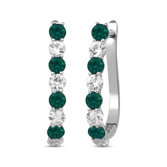Round-Cut Lab-Created Emerald & Round-Cut White Lab-Created Sapphire Hoop Earrings Sterling Silver