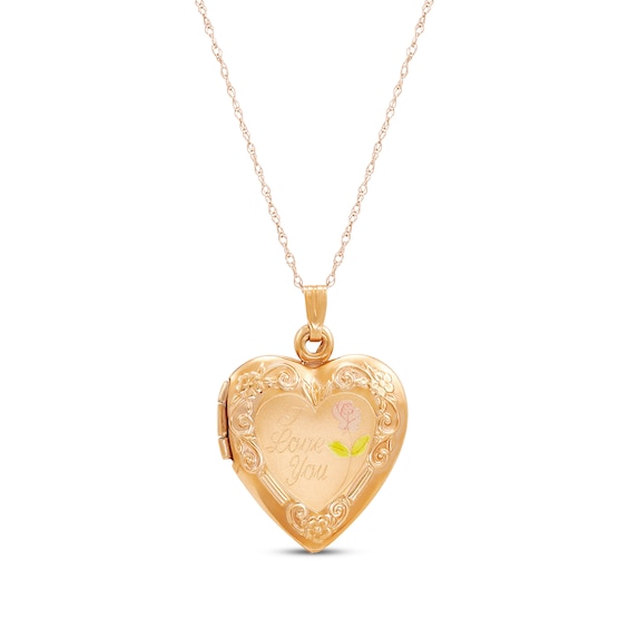 "I Love You" Floral Heart Locket with Enamel 14K Yellow Gold 18"