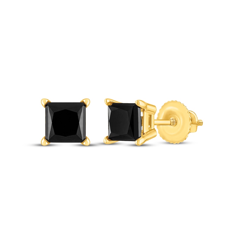 Main Image 1 of Princess-Cut Black Diamond Solitaire Stud Earrings 1 ct tw 14K Yellow Gold (I3)