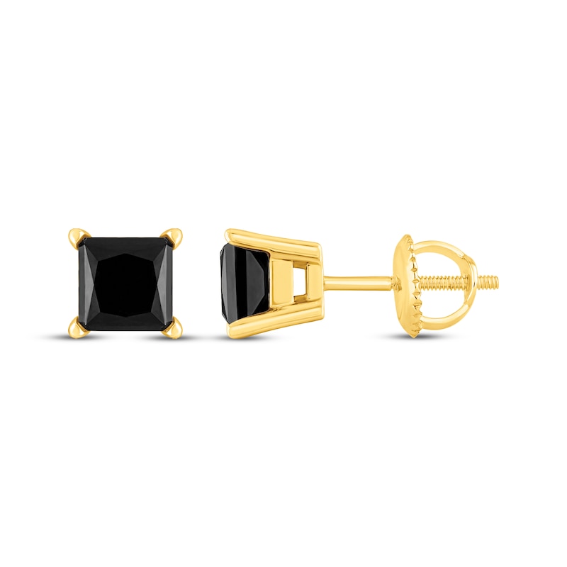 Main Image 3 of Princess-Cut Black Diamond Solitaire Stud Earrings 1 ct tw 14K Yellow Gold (I3)