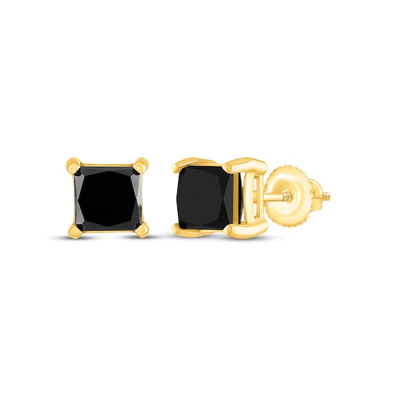 Princess-Cut Black Diamond Solitaire Stud Earrings 2 ct tw 14K Yellow Gold (I3)