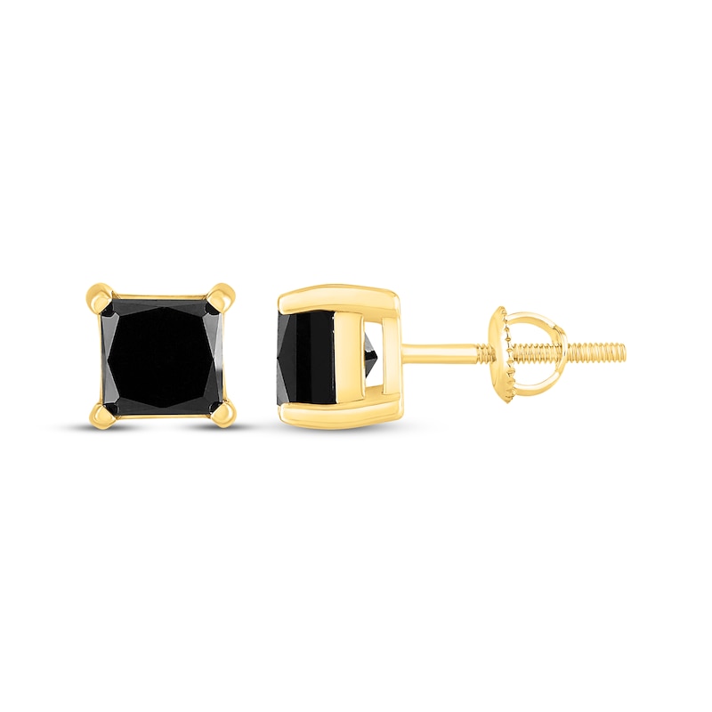 Princess-Cut Black Diamond Solitaire Stud Earrings 2 ct tw 14K Yellow Gold (I3)