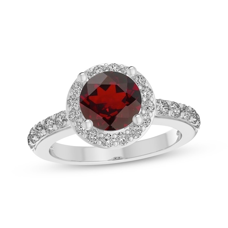 Main Image 1 of Garnet & White Lab-Created Sapphire Halo Ring Sterling Silver