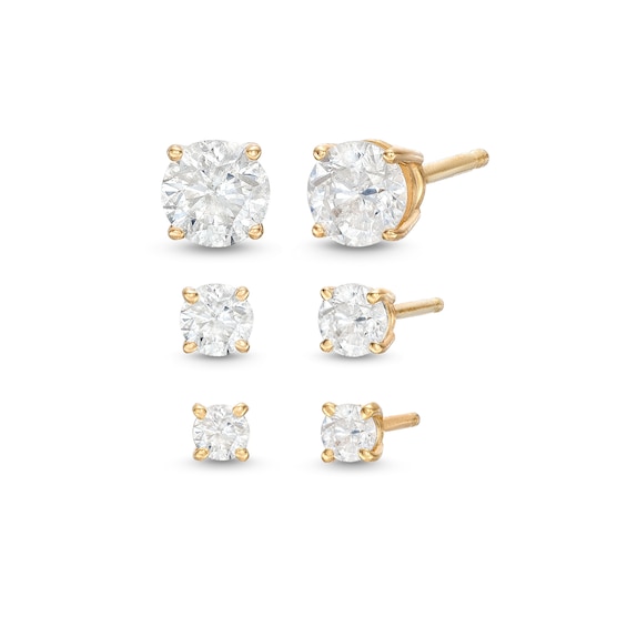 Round-Cut Diamond Solitaire Stud Earrings Set 1 ct tw 10K Yellow Gold (J/I3)