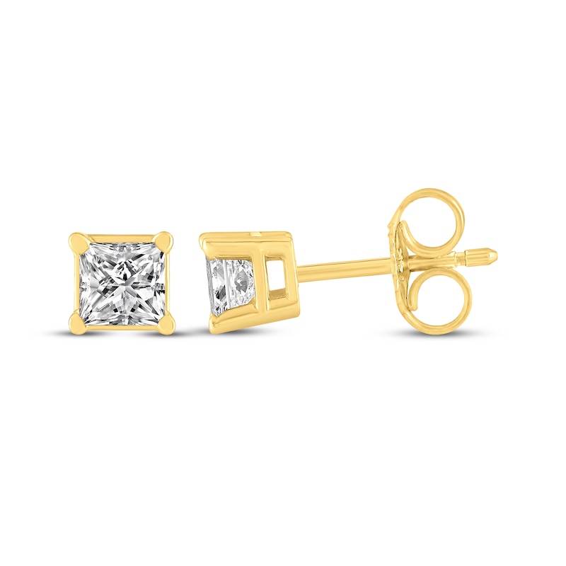 Main Image 3 of Princess-Cut Diamond Solitaire Stud Earrings 1/4 ct tw 14K Yellow Gold (J/I2)