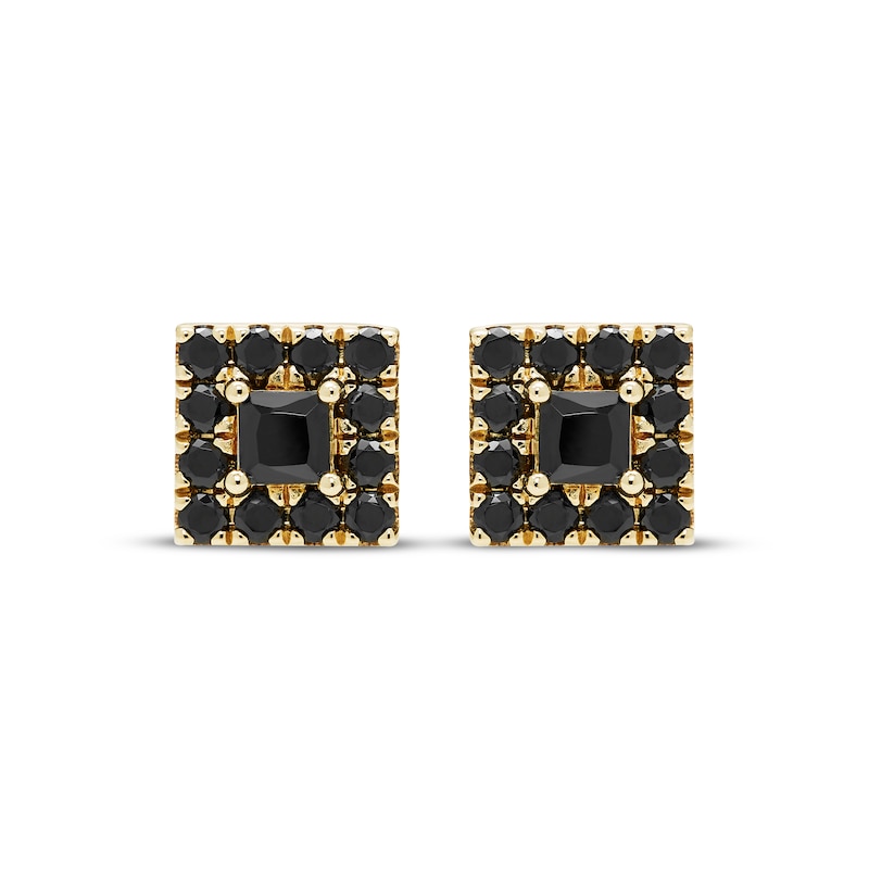 Men's Square-Cut Black Diamond Halo Stud Earrings 1/2 ct tw 10K Yellow Gold