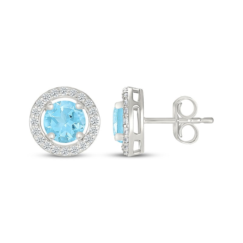 Main Image 3 of Swiss Blue Topaz & White Lab-Created Sapphire Halo Stud Earrings Sterling Silver