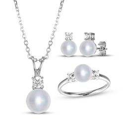 Cultured Pearl & White Lab-Created Sapphire Necklace, Ring & Earrings Gift Set Sterling Silver