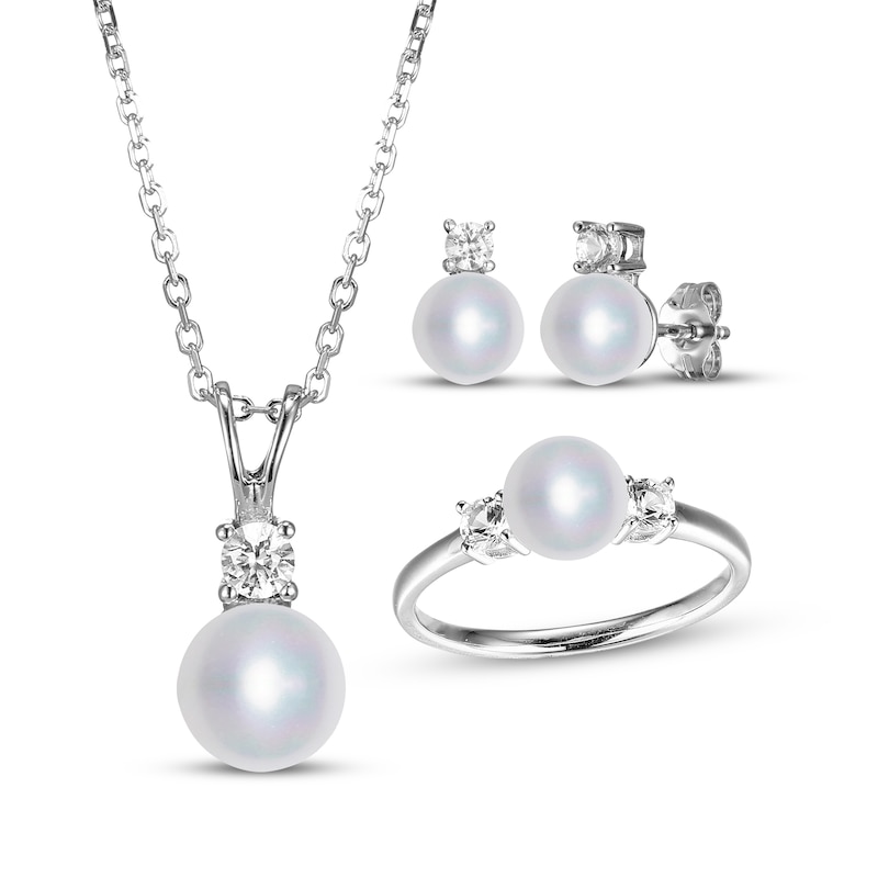 Main Image 1 of Cultured Pearl & White Lab-Created Sapphire Necklace, Ring & Earrings Gift Set Sterling Silver