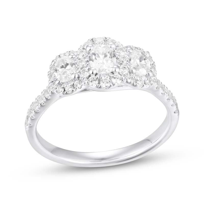 Main Image 1 of Oval-Cut Diamond Three-Stone Halo Engagement Ring 1 ct tw 18K White Gold