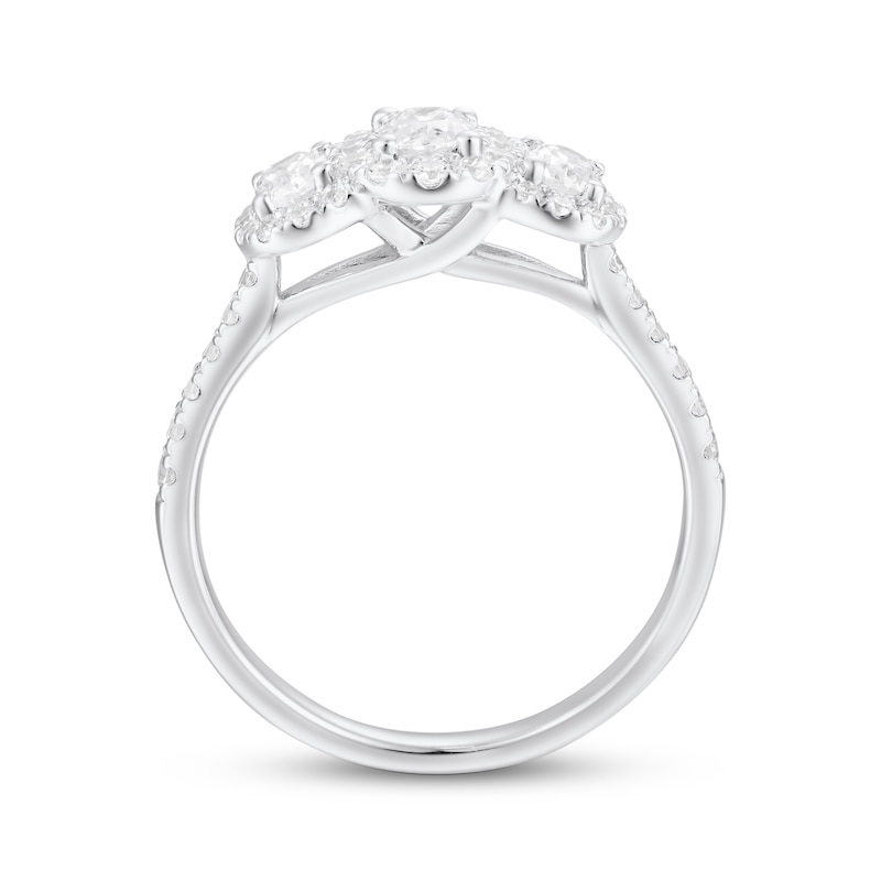 Main Image 3 of Oval-Cut Diamond Three-Stone Halo Engagement Ring 1 ct tw 18K White Gold