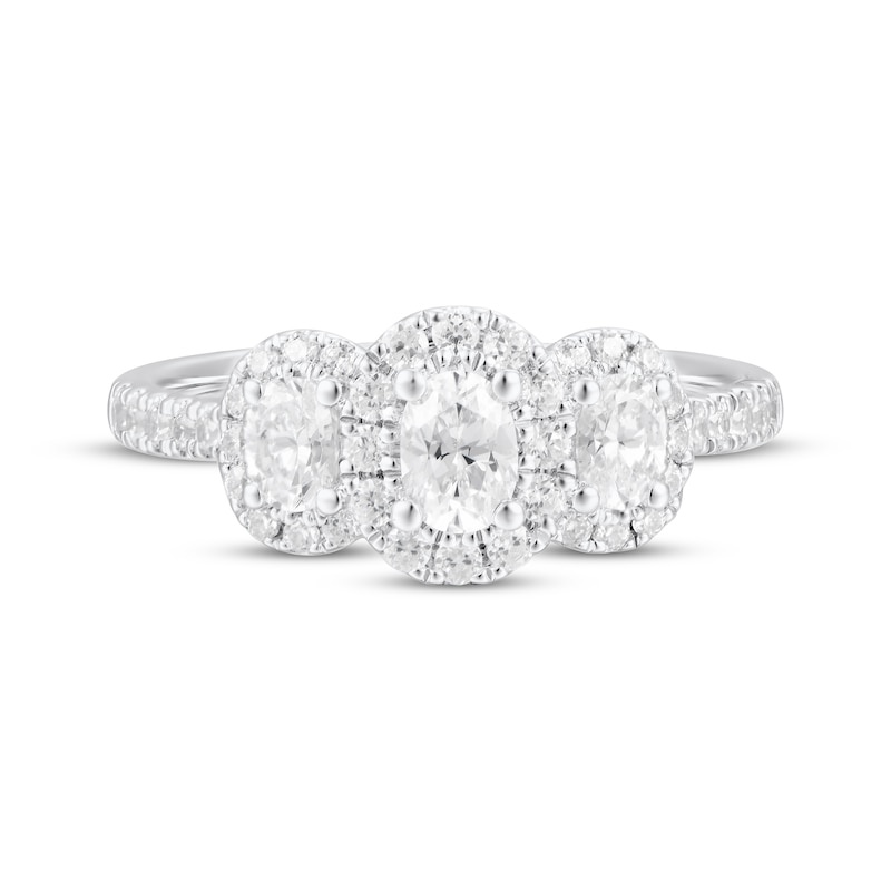 Main Image 4 of Oval-Cut Diamond Three-Stone Halo Engagement Ring 1 ct tw 18K White Gold