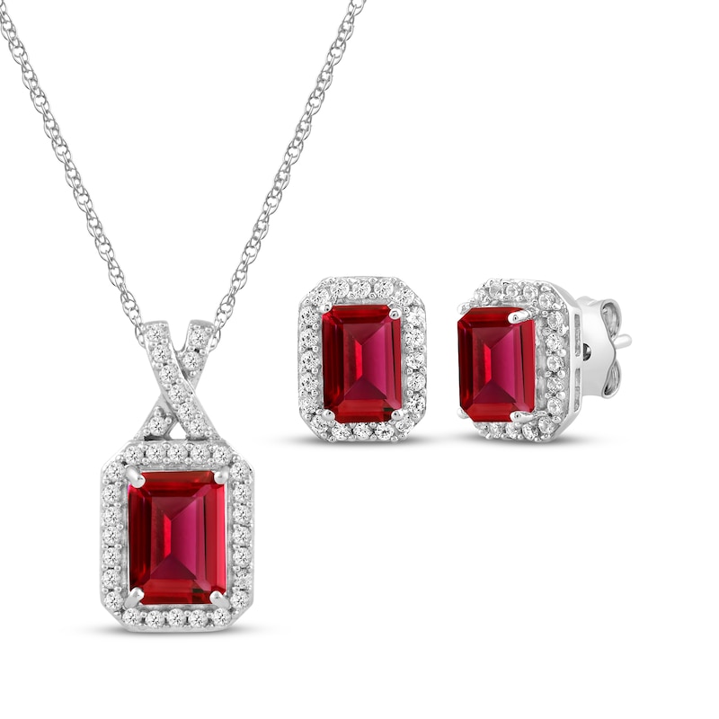 Main Image 1 of Octagon-Cut Lab-Created Ruby & White Lab-Created Sapphire Halo Gift Set Sterling Silver