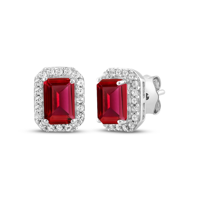 Main Image 3 of Octagon-Cut Lab-Created Ruby & White Lab-Created Sapphire Halo Gift Set Sterling Silver