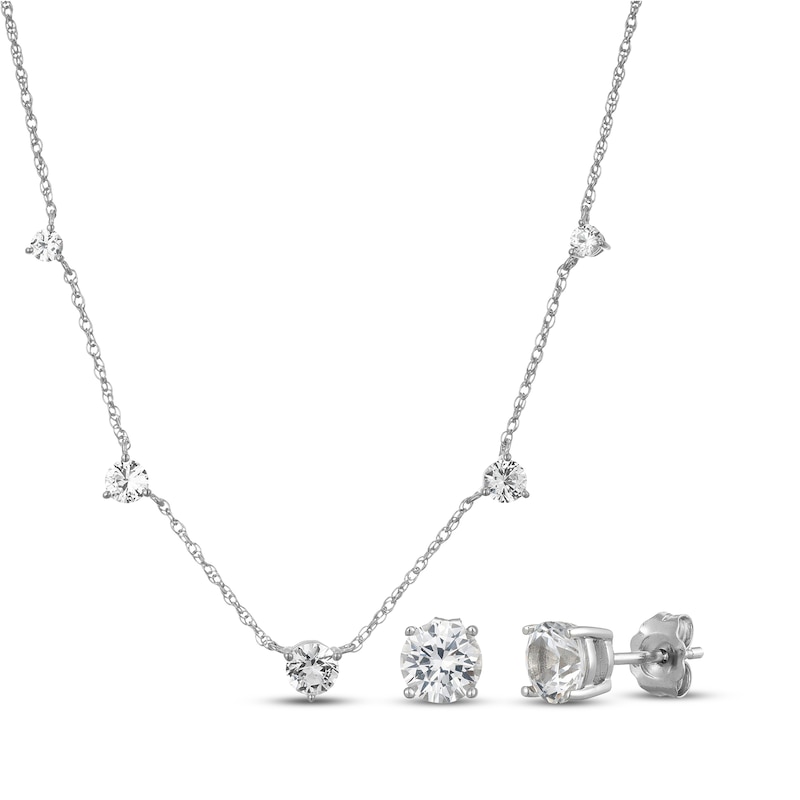 Main Image 1 of White Lab-Created Sapphire Station Necklace & Stud Earrings Gift Set Sterling Silver