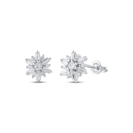 Baguette & Round-Cut Diamond Flower Stud Earrings 1/6 ct tw 10K White Gold