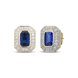 Men's Emerald-Cut Blue Sapphire & Diamond Frame Stud Earrings 1/5 ct tw 10K Yellow Gold