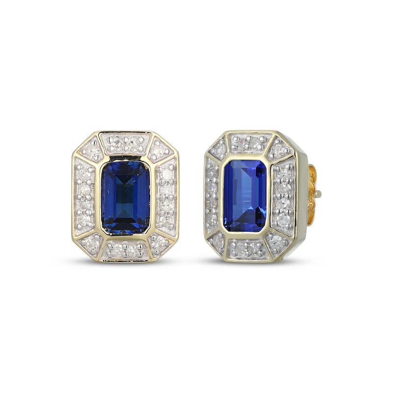 Main Image 1 of Men's Emerald-Cut Blue Sapphire & Diamond Frame Stud Earrings 1/5 ct tw 10K Yellow Gold