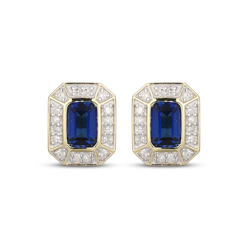 Main Image 2 of Men's Emerald-Cut Blue Sapphire & Diamond Frame Stud Earrings 1/5 ct tw 10K Yellow Gold