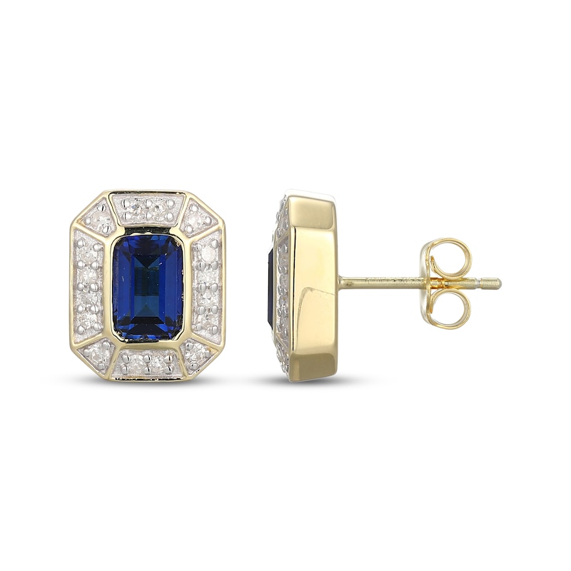 Main Image 3 of Men's Emerald-Cut Blue Sapphire & Diamond Frame Stud Earrings 1/5 ct tw 10K Yellow Gold