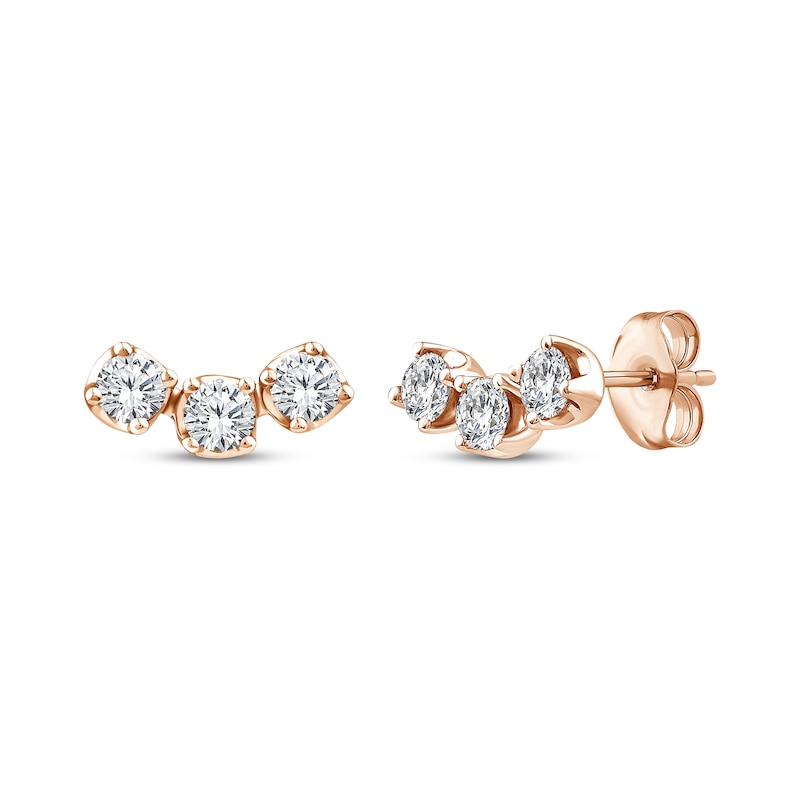 Main Image 1 of Memories Moments Magic Diamond Three-Stone Curved Stud Earrings 1/2 ct tw 10K Rose Gold