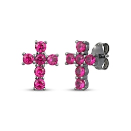 Men's Lab-Created Ruby Cross Stud Earrings Gunmetal Ion-Plated Sterling Silver