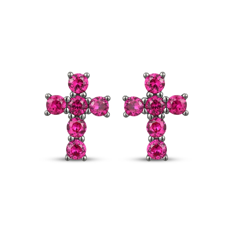 Main Image 2 of Men's Lab-Created Ruby Cross Stud Earrings Antique Finished Sterling Silver