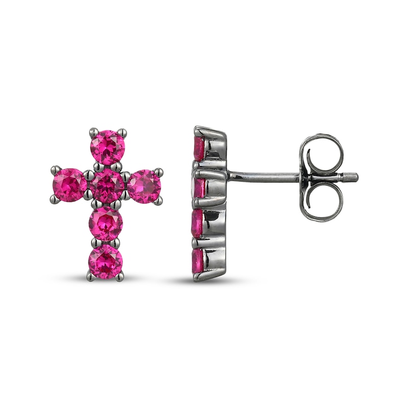 Main Image 3 of Men's Lab-Created Ruby Cross Stud Earrings Antique Finished Sterling Silver