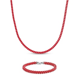 Men's Franco Chain Necklace & Bracelet Gift Set Solid Stainless Steel & Red Enamel