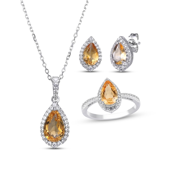 Pear-Shaped Citrine & Round-Cut White Lab-Created Sapphire Stud Earrings, Necklace & Ring Gift Set Sterling Silver 18" - Size 7